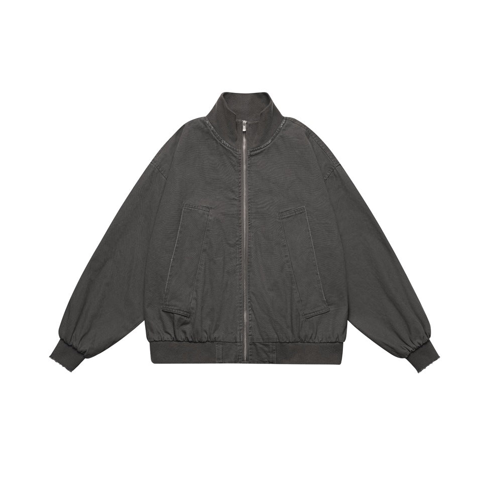 Dark gray stand-collar zip jacket with ribbed trim, angled front pockets and gathered cuffs, flat front view