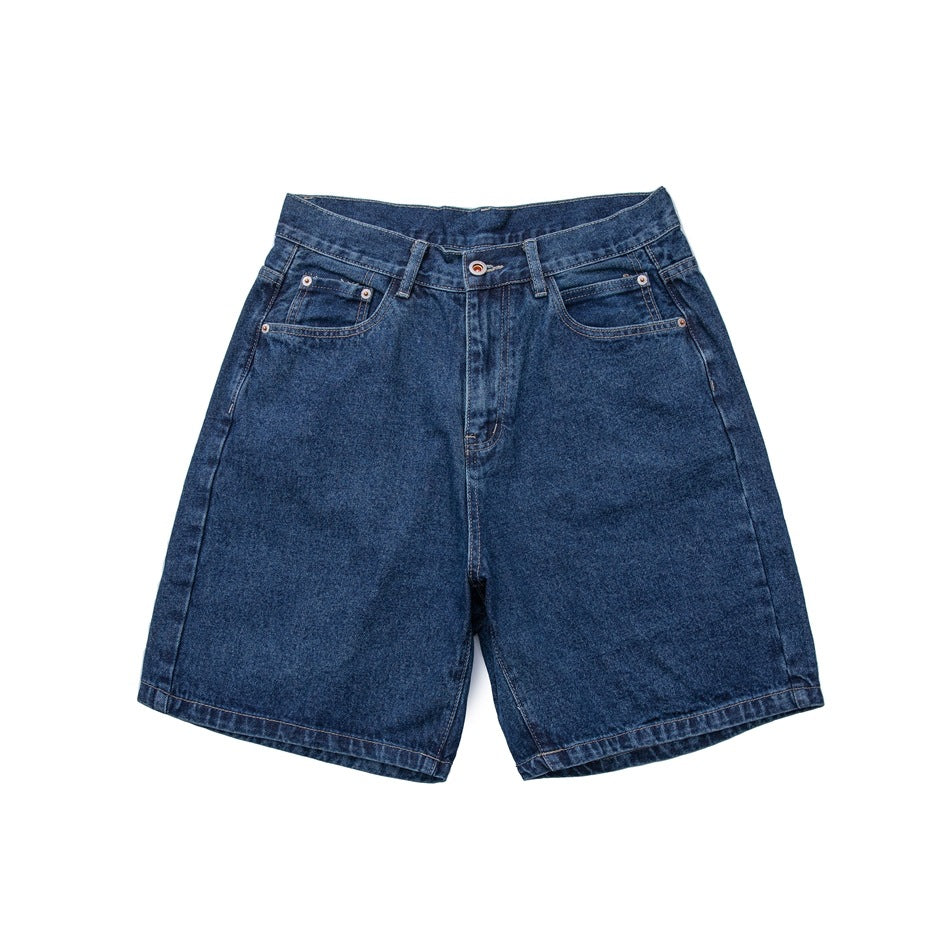 Front of blue washed denim shorts with zip fly, metal button, belt loops and five-pocket styling on a white background