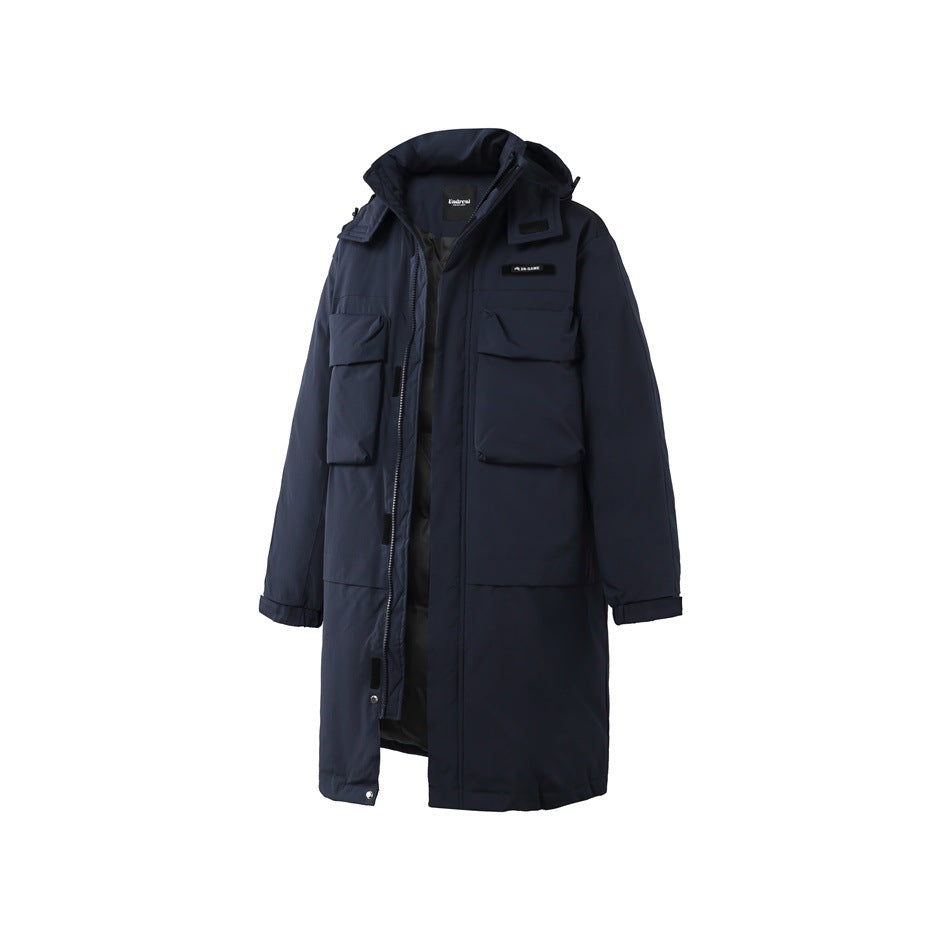 Navy long hooded coat with front zipper open showing dark inner layer, flap pockets and cuff tabs