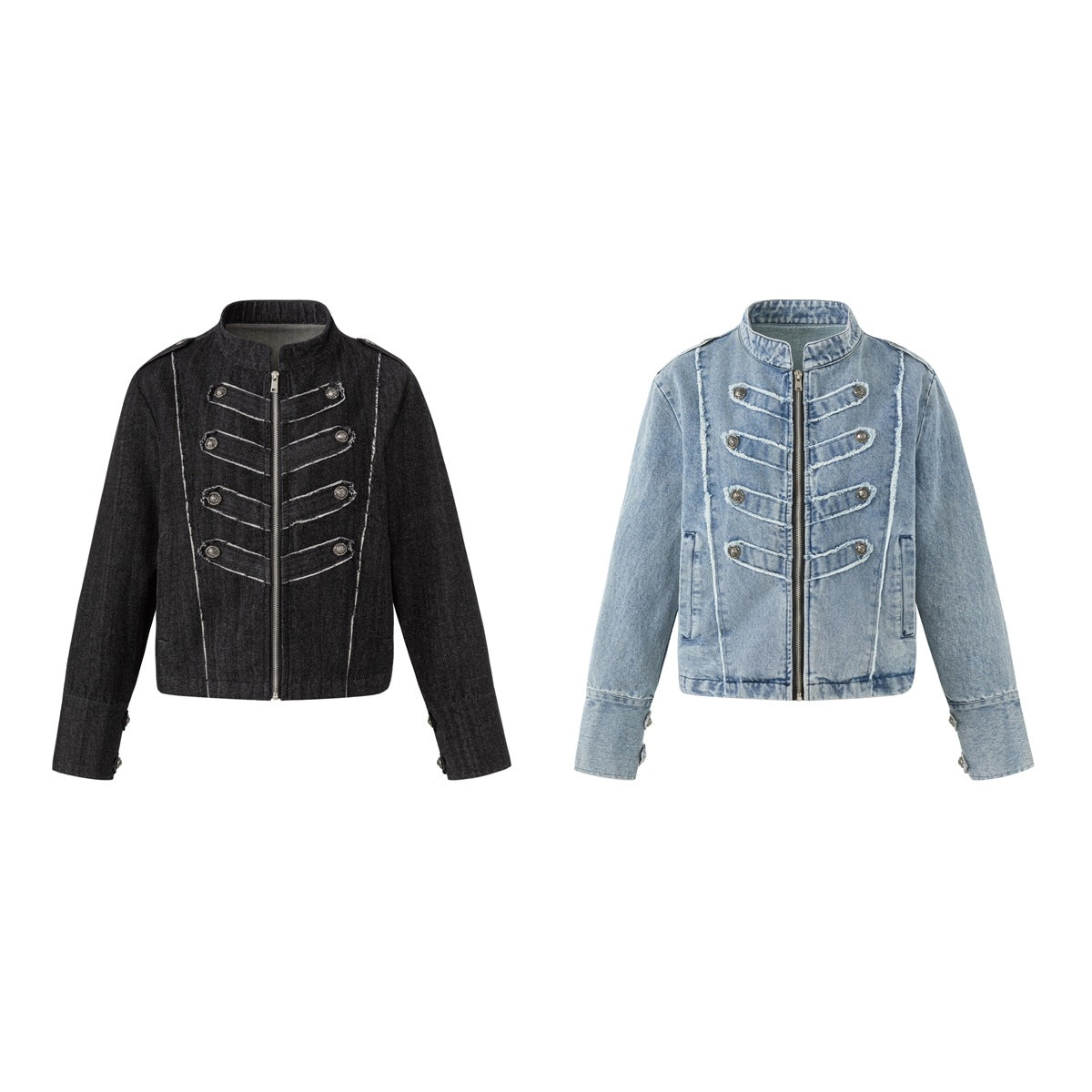 Two front-view jackets on white: one black and one light blue, both with zip fronts and decorative buttoned panels.