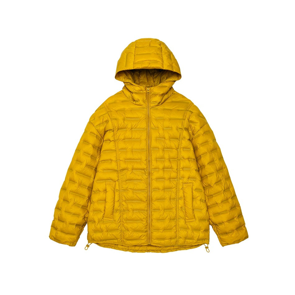 Mustard yellow hooded quilted puffer jacket with front zipper and hem drawcords, flat view