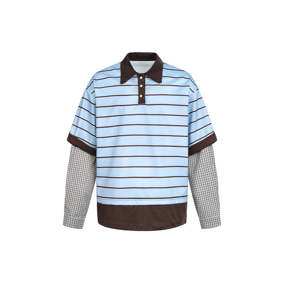 Light blue and brown striped layered polo top with brown collar and checked long sleeves, front view