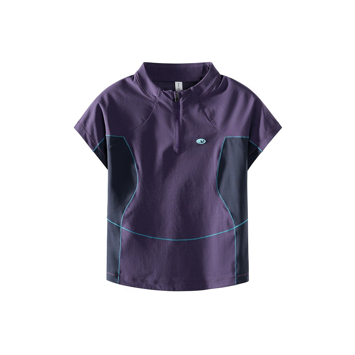 Purple half-zip short-sleeve top with dark navy side panels and teal topstitching, flat front view