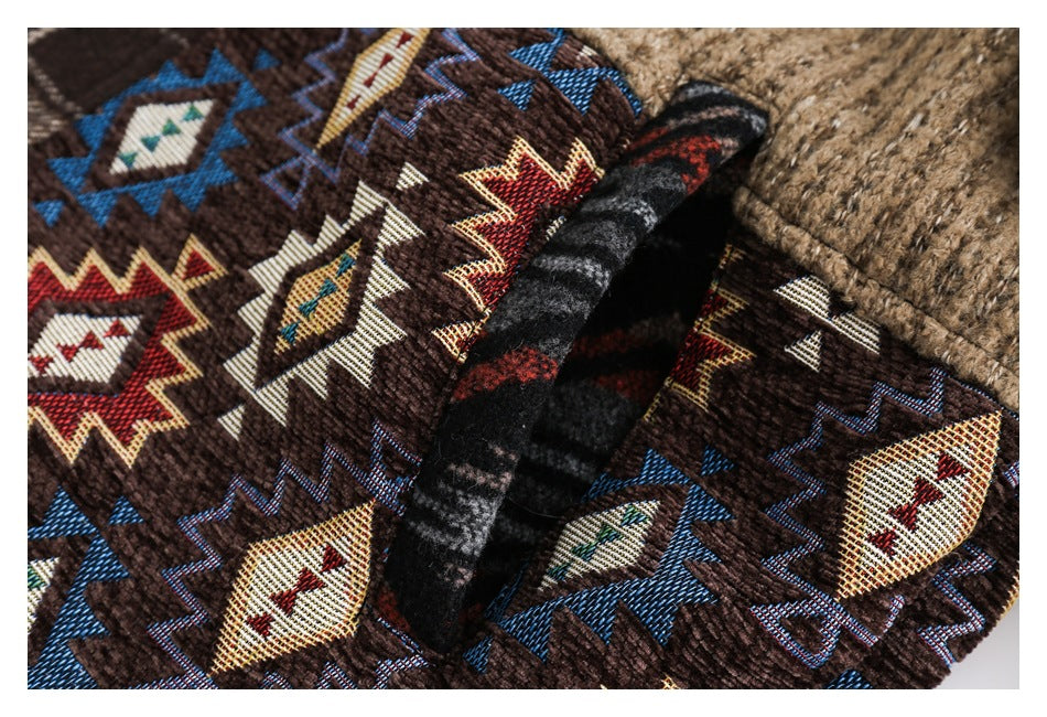 Close-up of a brown garment with colorful geometric patterns, a dark plaid section, and a tan textured panel.