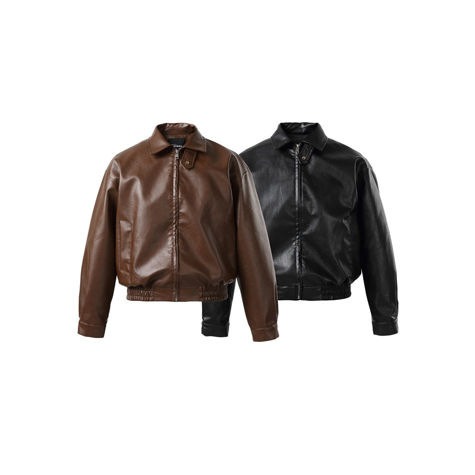 Two front-view jackets with pointed collars and gathered hems, one brown and one black.
