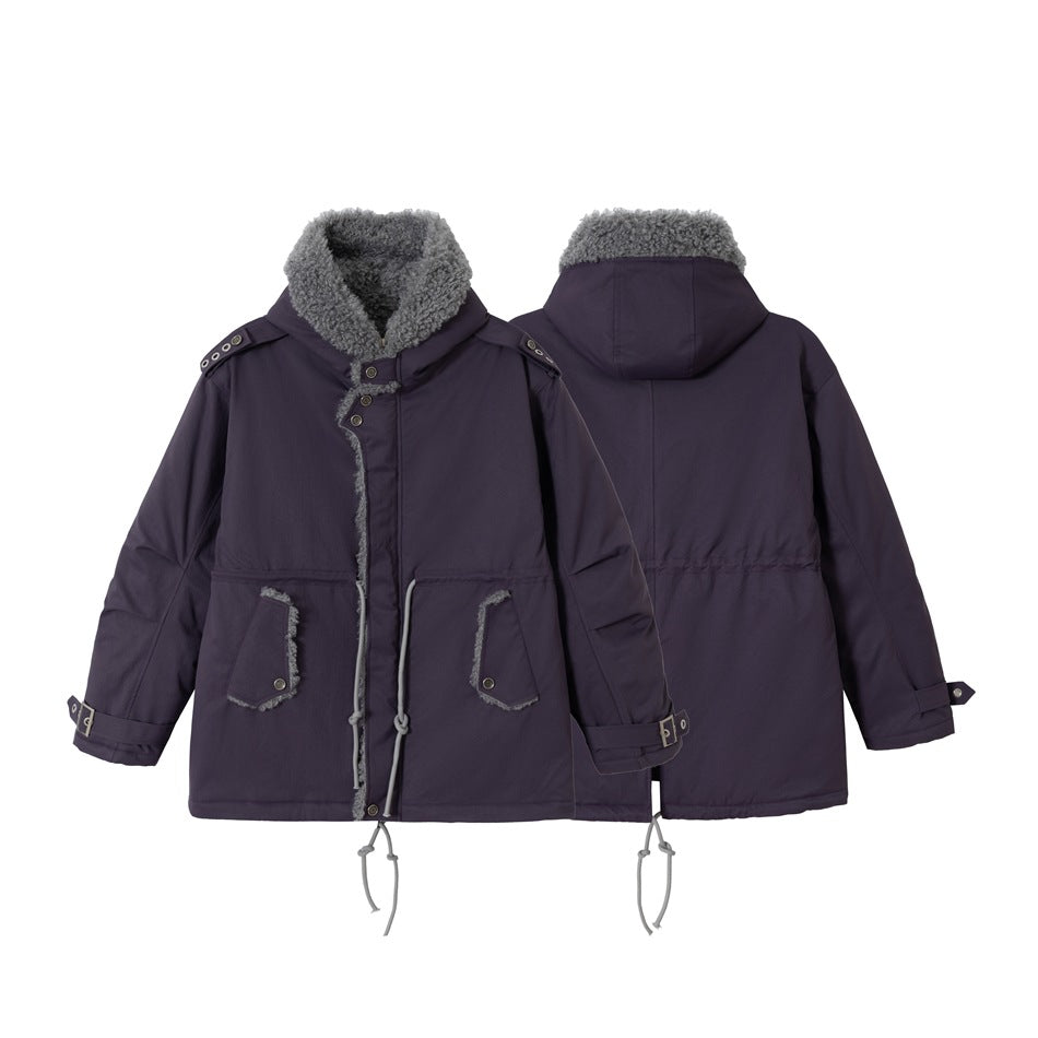 Dark purple parka shown from the front and back, with gray plush trim, hood, flap pockets, and adjustable drawcords.