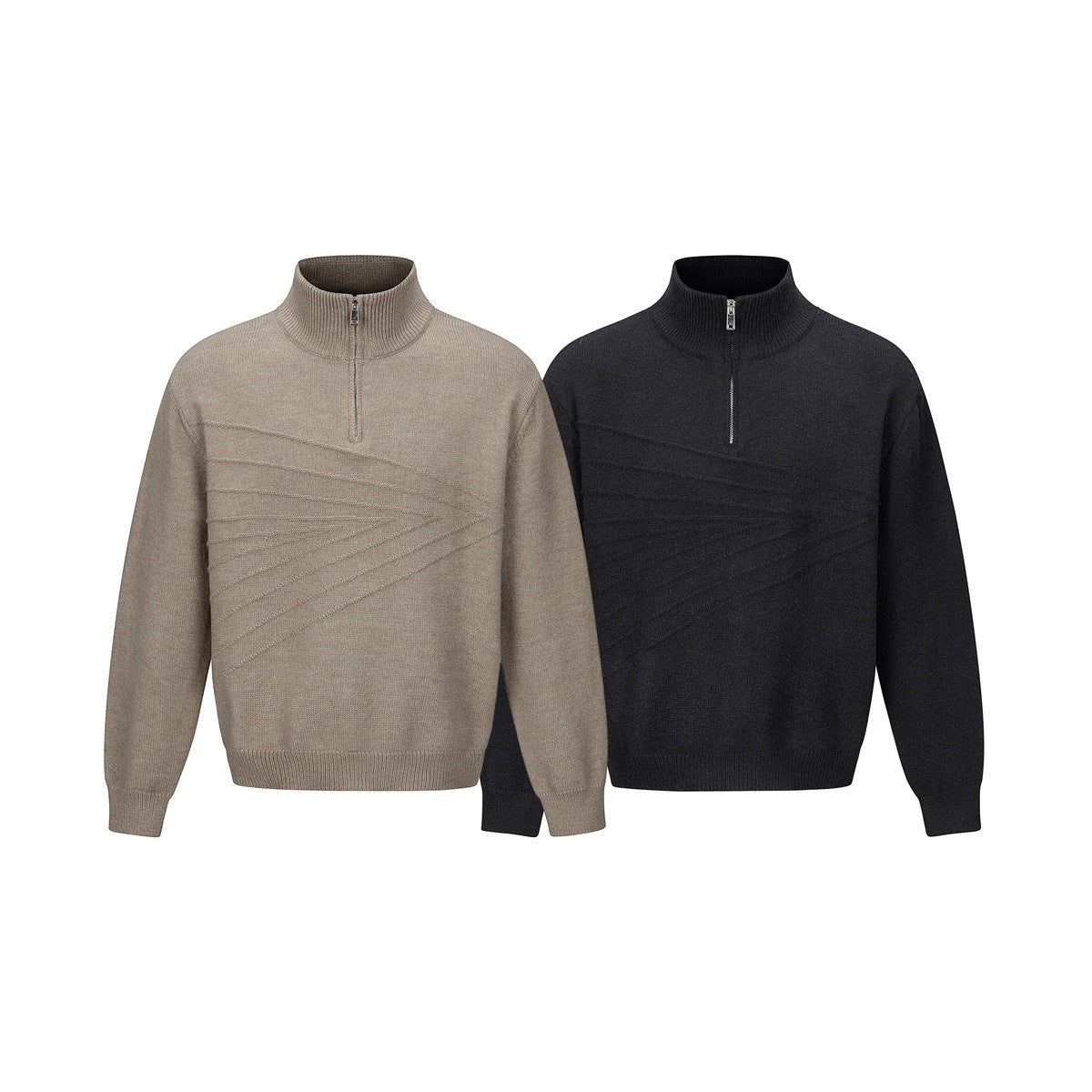 Two front views of a long-sleeve knit quarter-zip sweater in taupe and charcoal, with textured chest details.