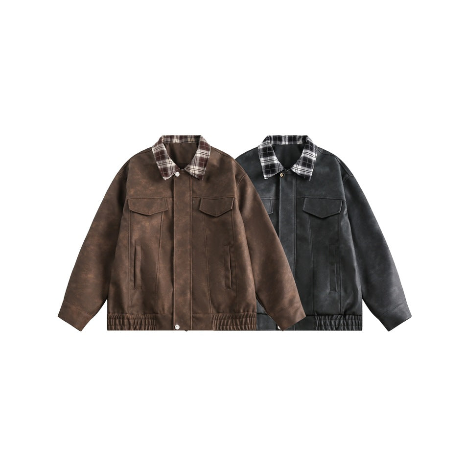 Two jackets shown side by side: one brown and one charcoal, both with plaid collars and flap pockets.