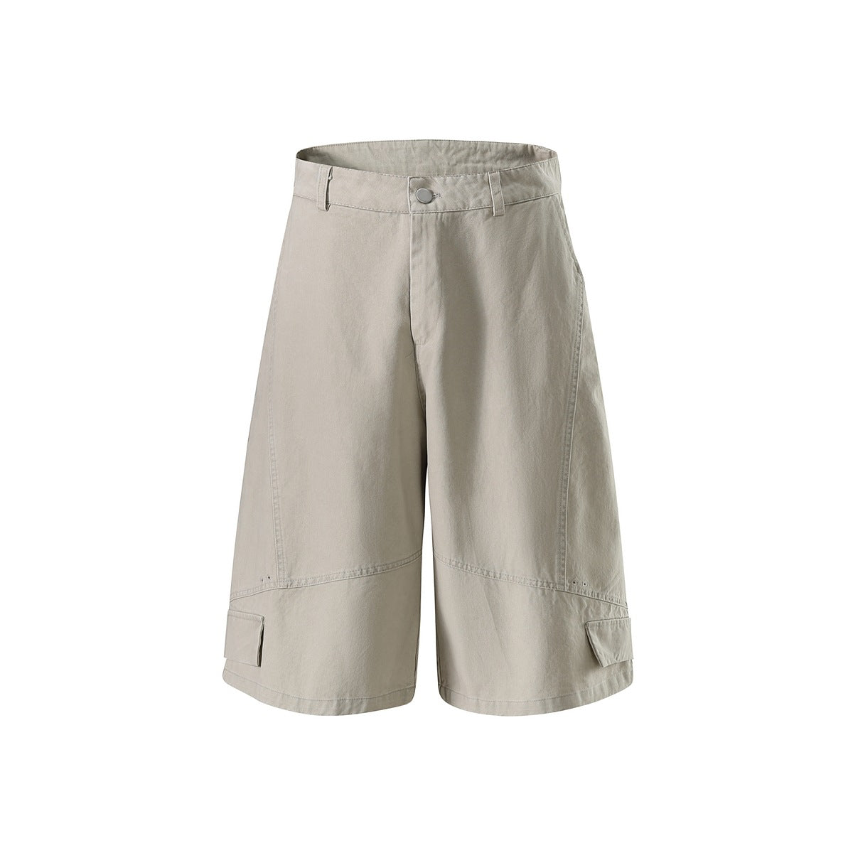 Light grey-beige knee-length wide-leg shorts, front view, with button fly, belt loops and lower flap pockets