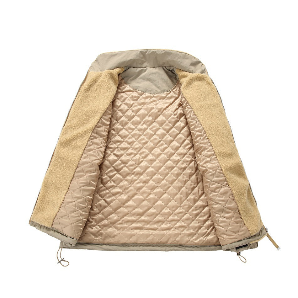 Tan fleece jacket opened to show its beige diamond-quilted lining and hood interior.