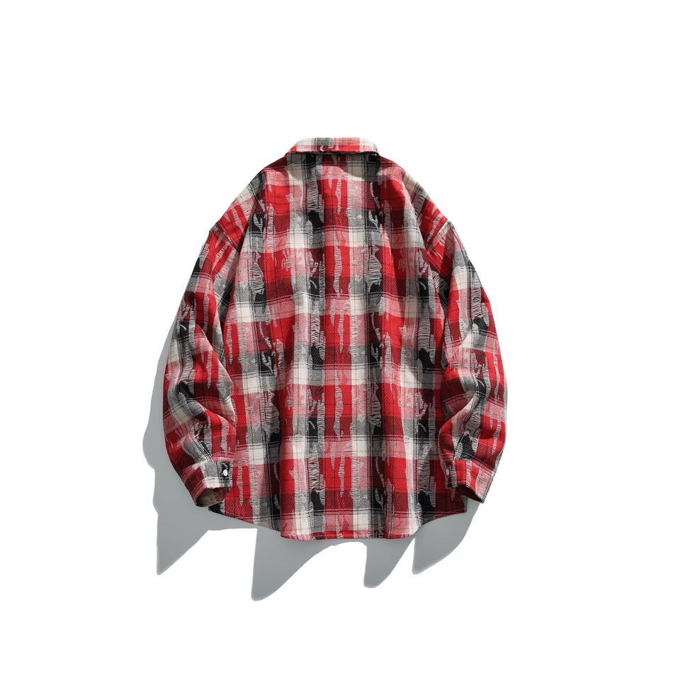 Back view of a red, black, and white plaid long-sleeve button-up shirt displayed flat.