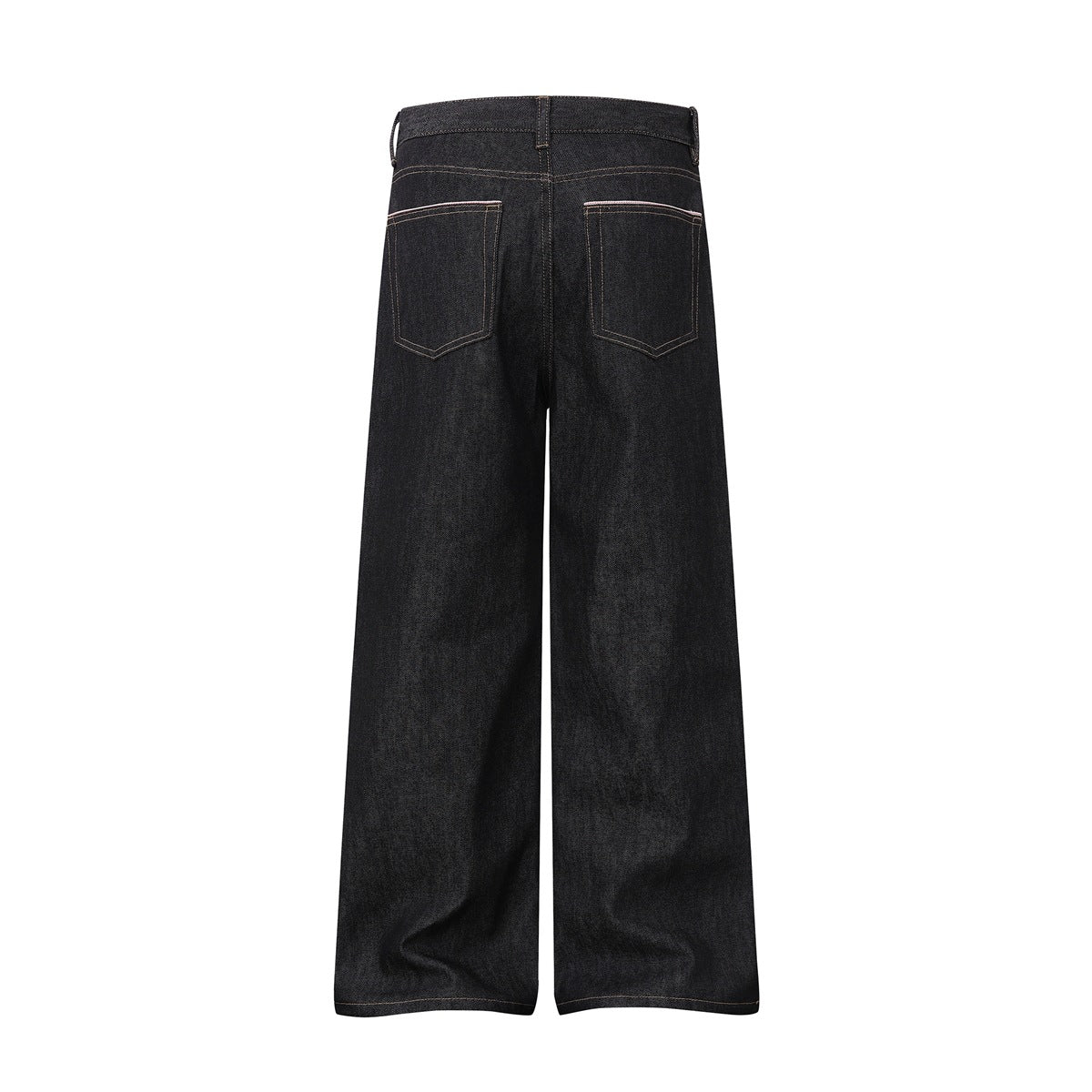 Back view of black wide-leg jeans with two patch pockets and tan contrast stitching.