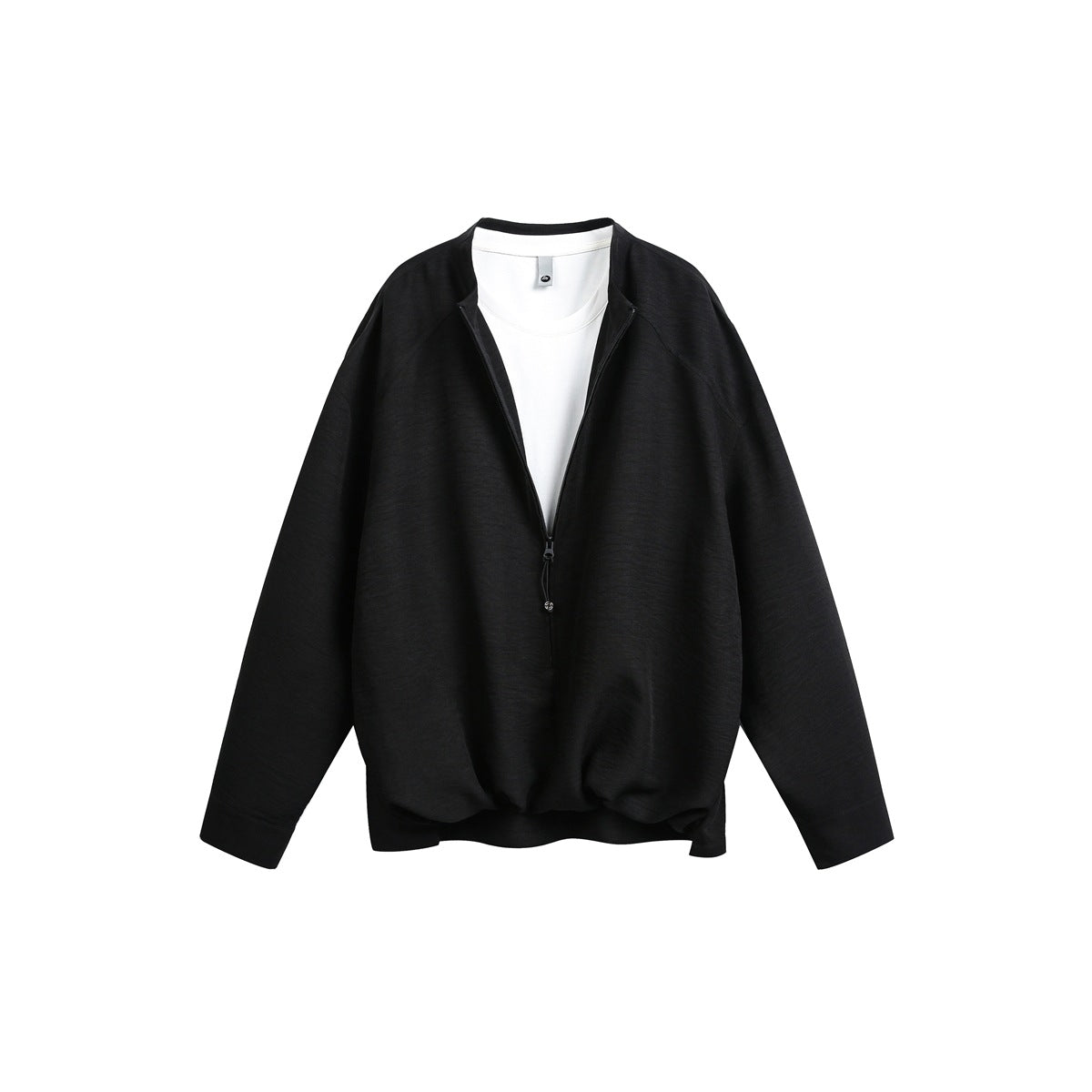 Black zip-front stand-collar jacket with white tee layer underneath and gathered hem, flat lay