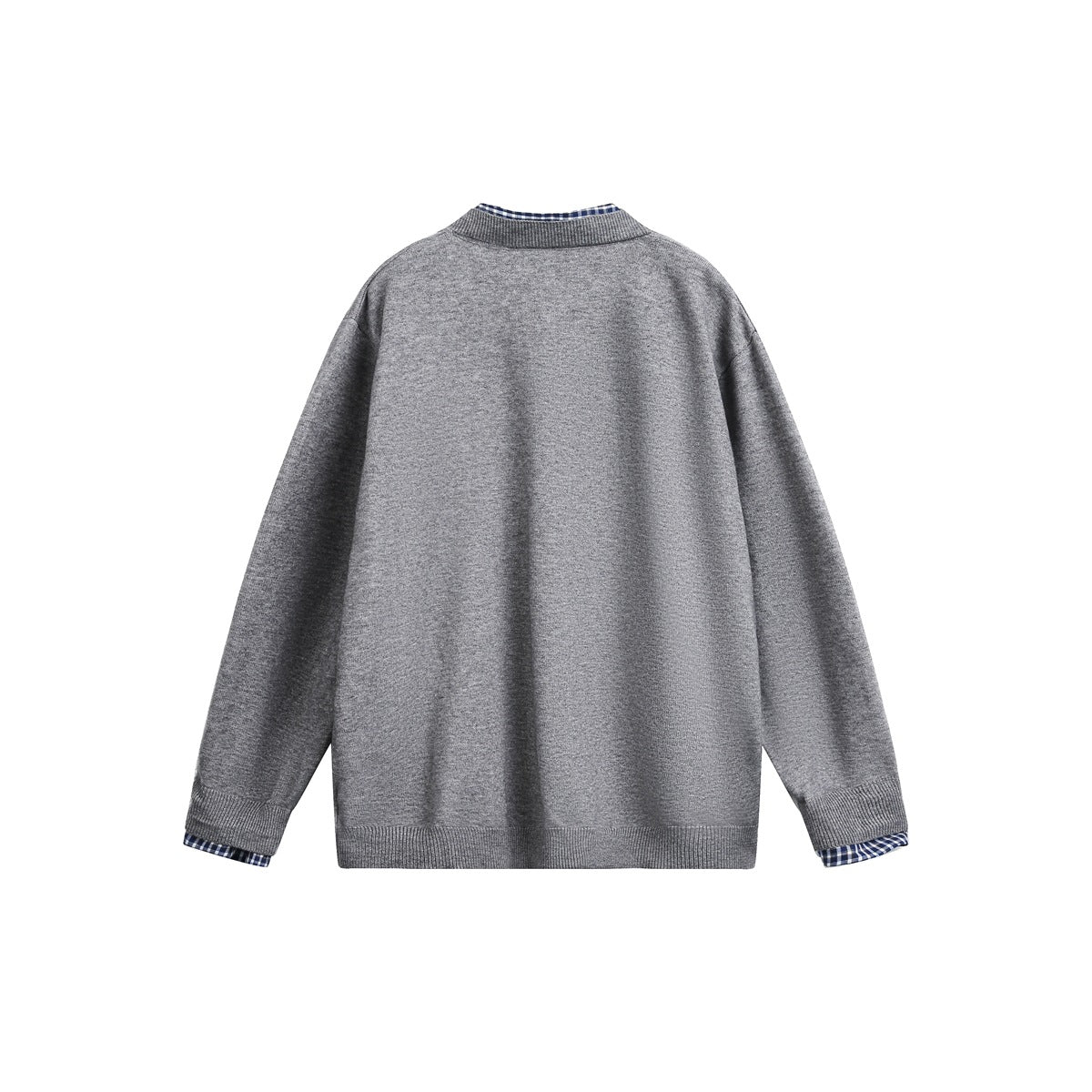 Back view of a heather gray sweater with ribbed trim and navy-and-white checked fabric peeking from the collar and cuffs.