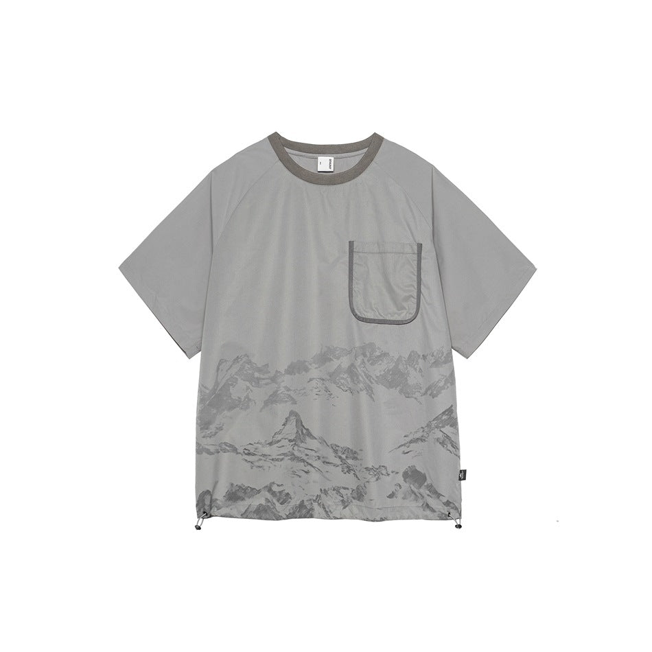 Gray short-sleeve raglan tee with chest pocket, mountain print on lower body and drawcord hem, front view
