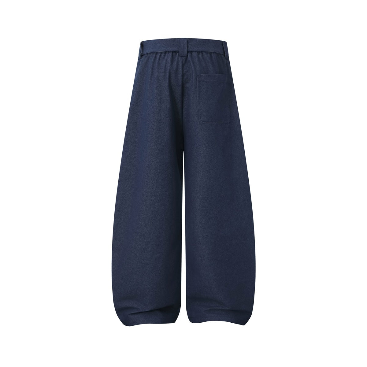 Back view of navy blue wide-leg pants with a large patch pocket and elastic waistband on white background