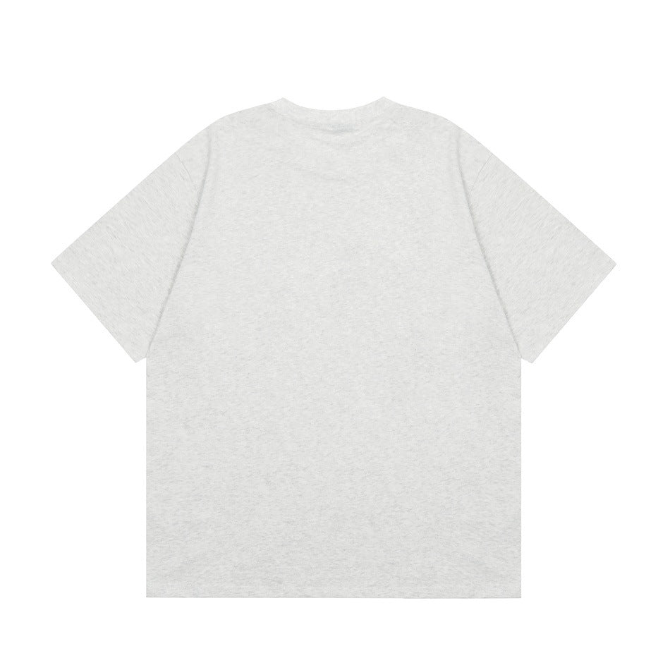 Back view of a plain light heather-gray short-sleeve crew-neck T-shirt laid flat.
