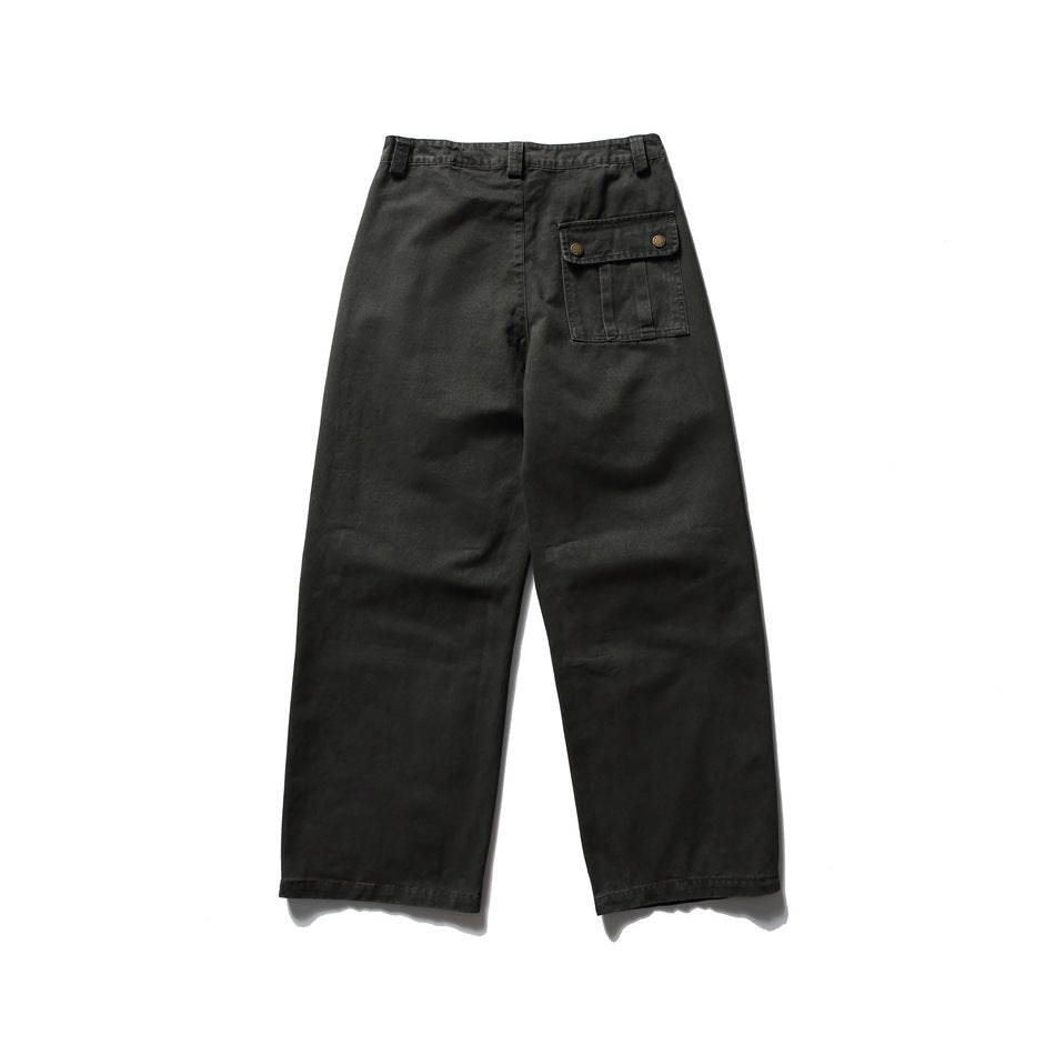 Dark grey wide-leg pants, flat back view with a snap-button flap pocket