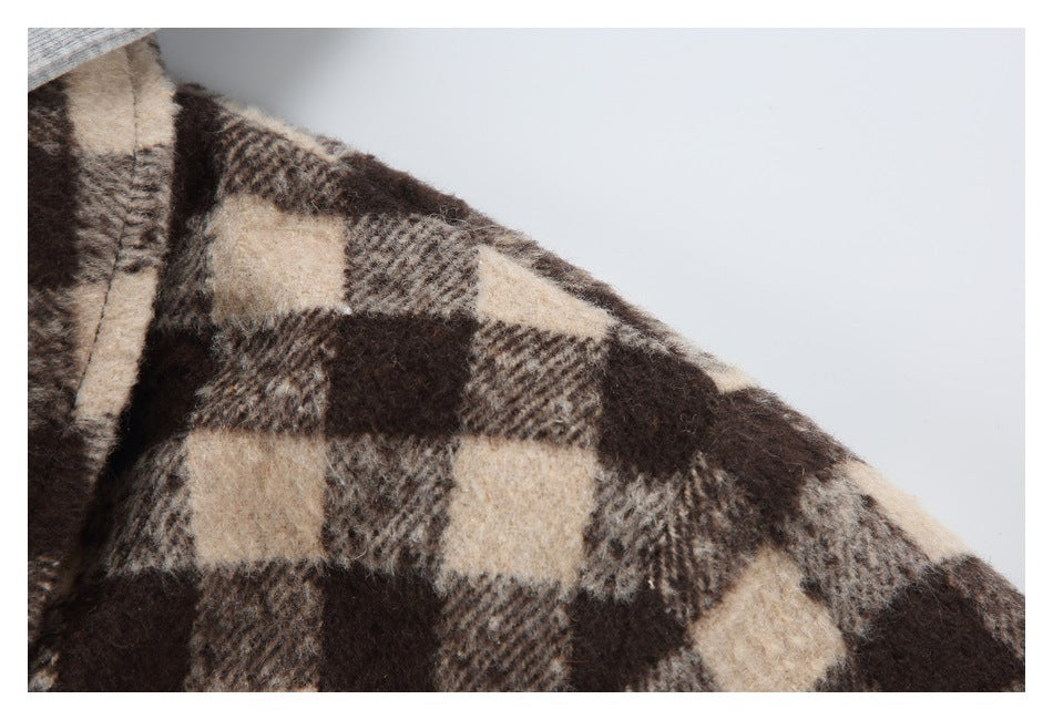 Close-up showing the fuzzy brown and beige checked fabric on the jacket shoulder.