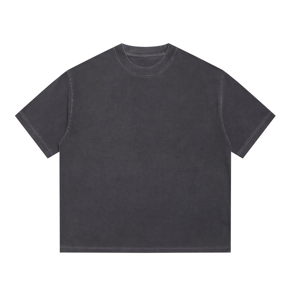 Dark gray washed short-sleeve crew-neck T-shirt, flat front view on white background