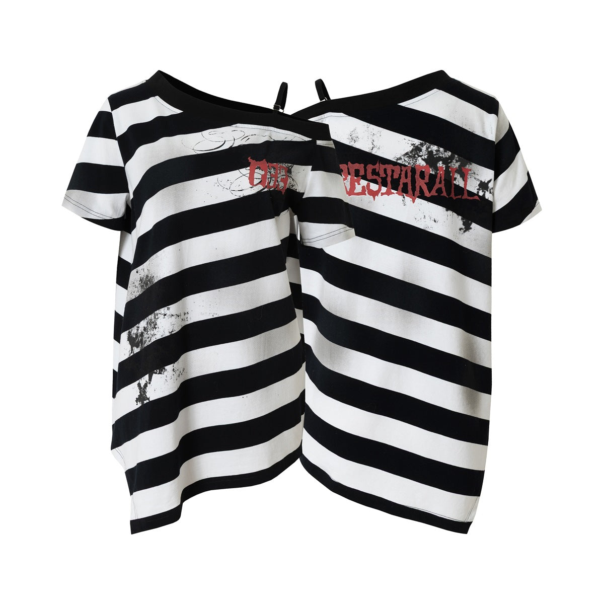 Black-and-white striped short-sleeve shirt with an asymmetric neckline and distressed red chest lettering, shown from two