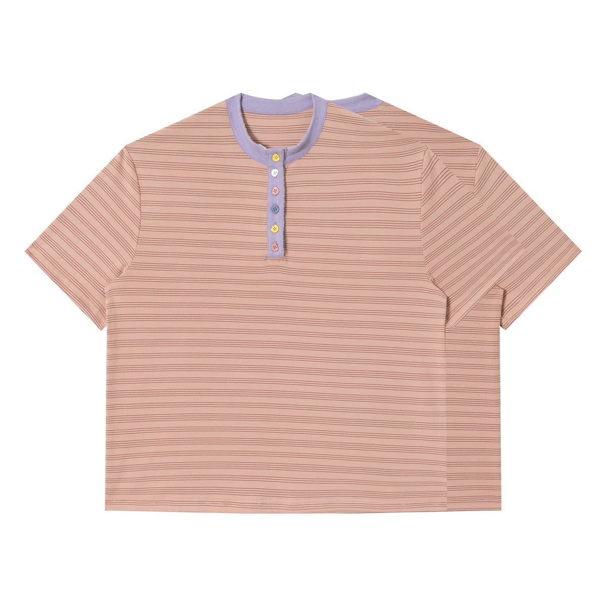 Flat-lay view of a peach-pink shirt with fine dark stripes, a lavender collar and placket, and colorful buttons.