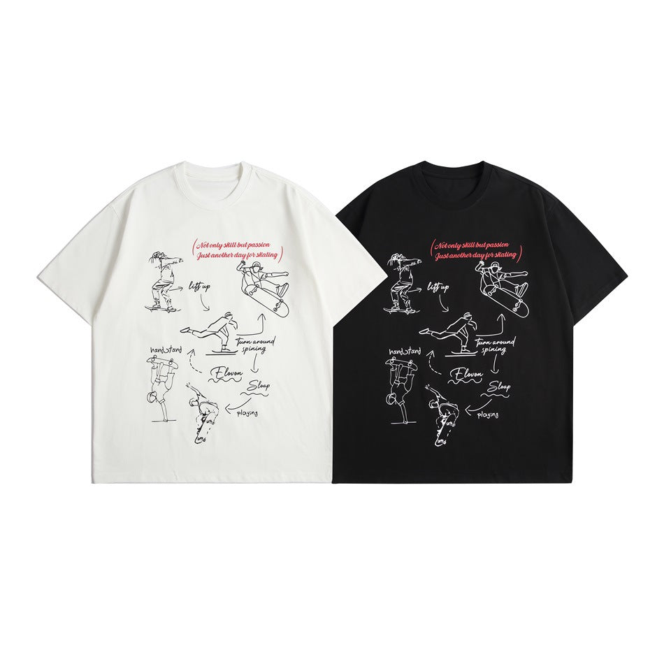 Off-white and black short-sleeve T-shirts shown from the front, both printed with skateboarding illustrations and script.