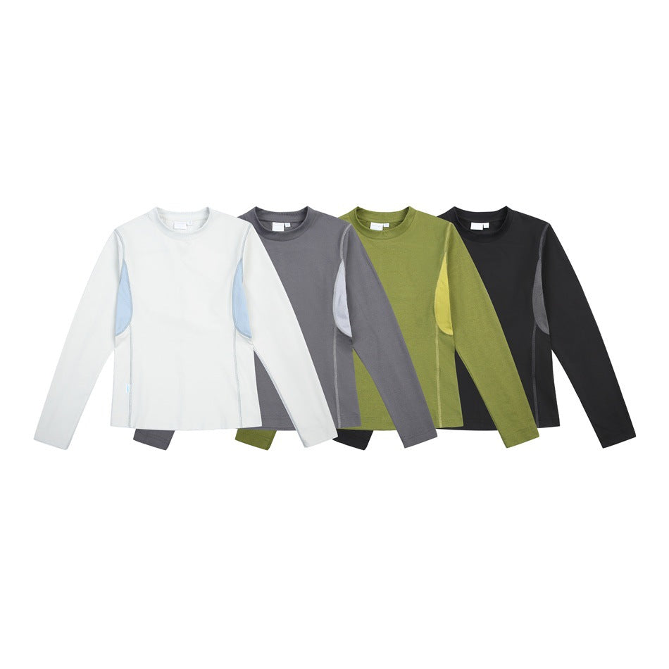 Four long-sleeve tops shown together in white, gray, olive green, and black, with contrasting side panels.