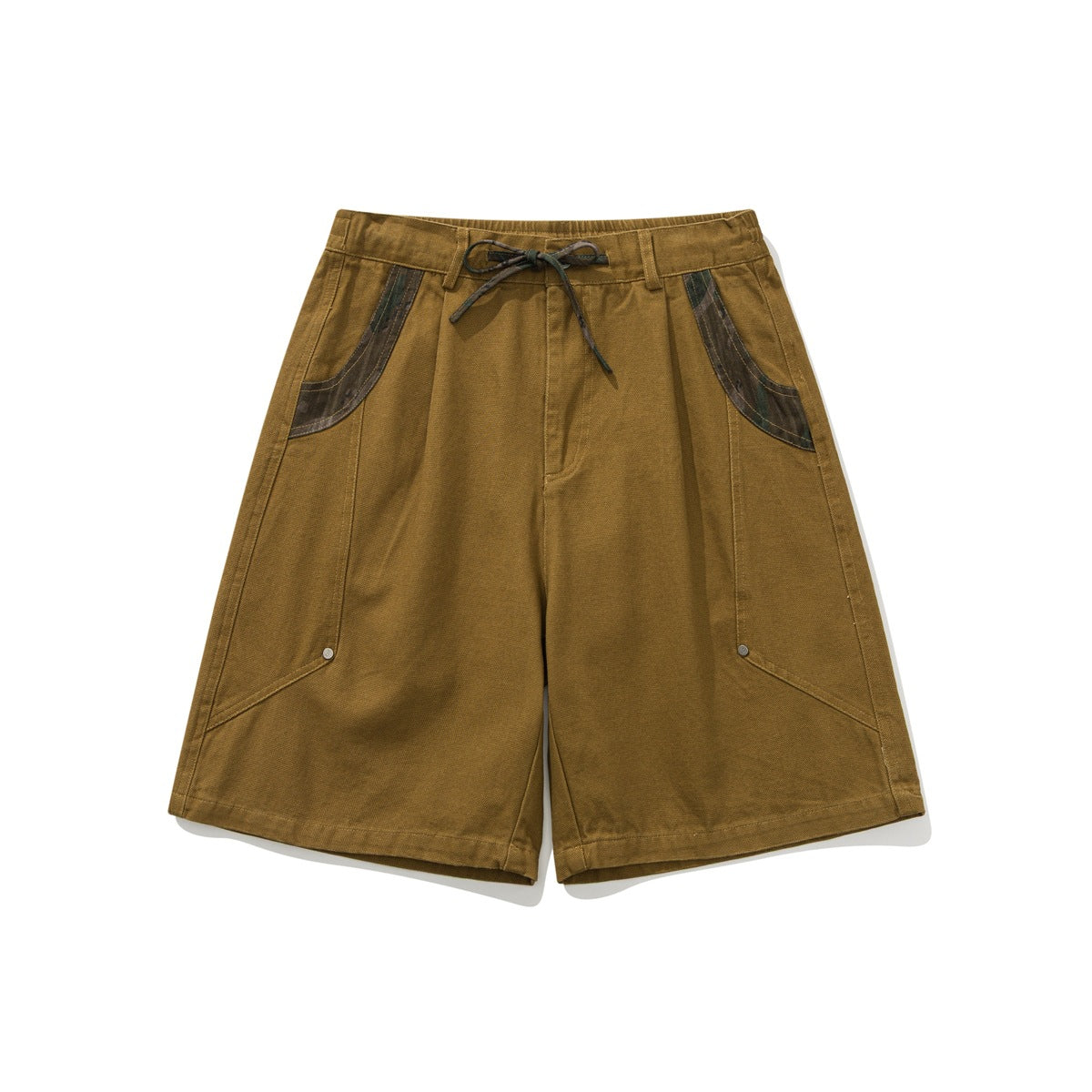 Yellow-brown knee-length shorts with drawstring, pleats, camo pocket trim and rivets, flat lay front view
