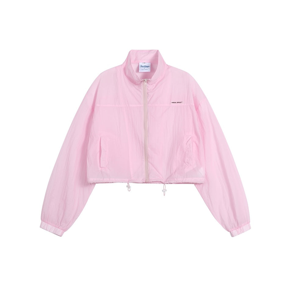 Pink cropped zip-up jacket with stand collar, drawstring hem and elastic cuffs, flat front view