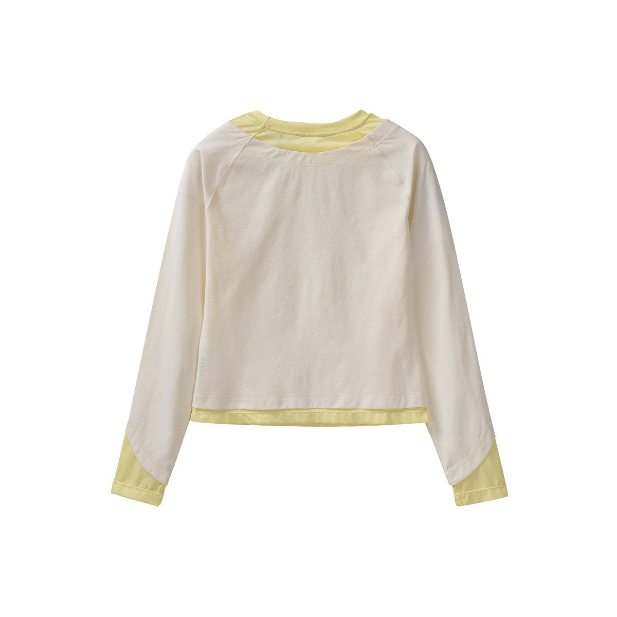 Cream long-sleeve top with pale yellow trim at the neckline, cuffs, and hem, shown flat from the front.