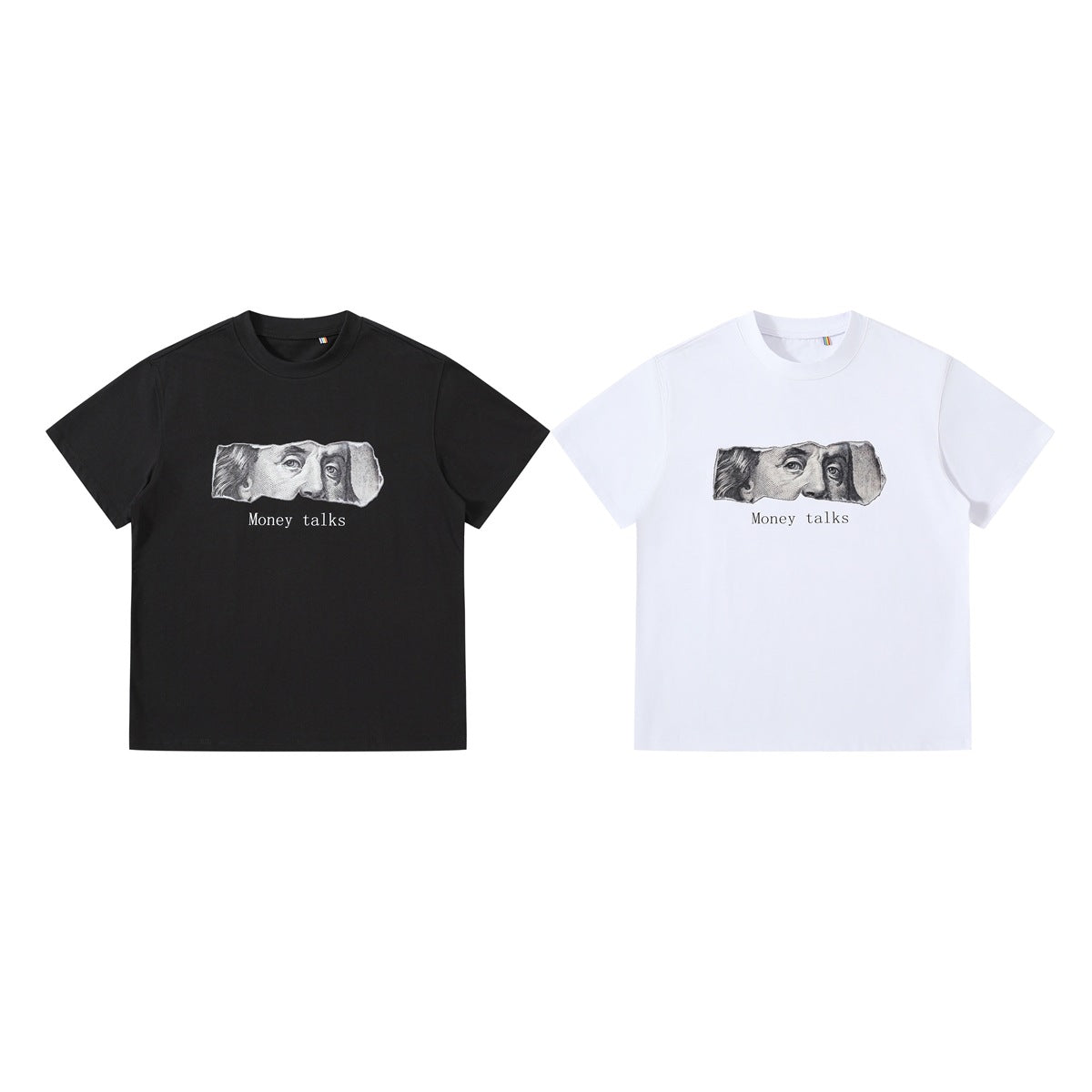 Black and white crew-neck T-shirts, each with a grayscale portrait graphic and “Money talks” text on the front.