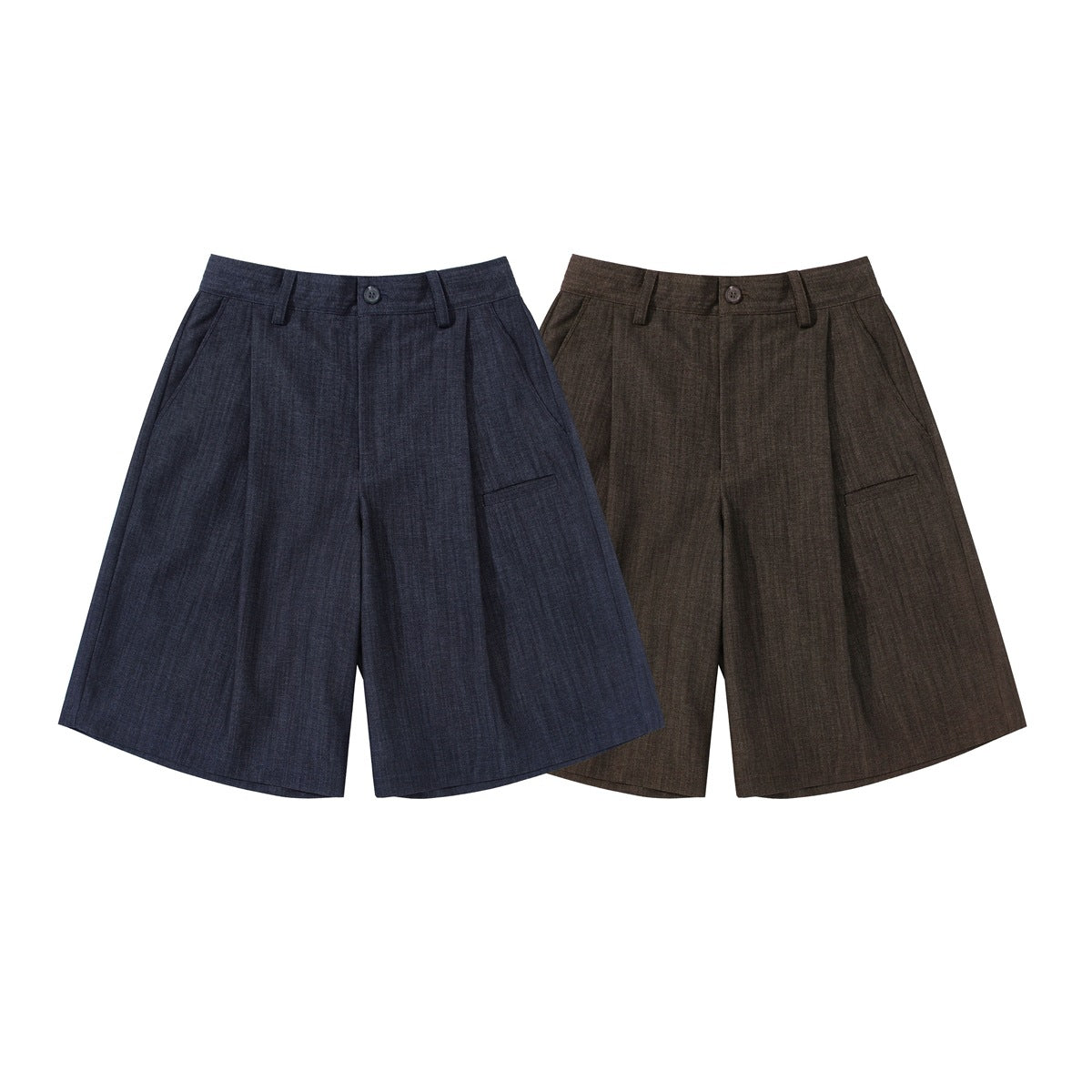 Front view of wide-leg tailored shorts in navy and brown, with pleats, belt loops and side pockets.