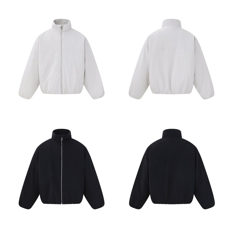 Front and back views of light gray and black stand-collar zip jackets on a white background