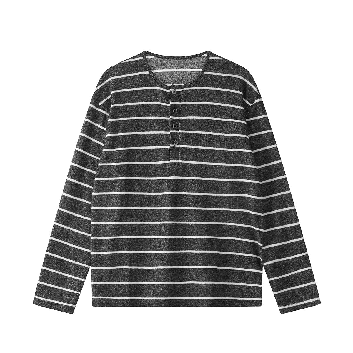 Dark charcoal heather long-sleeve henley top with white horizontal stripes and four buttons, flat lay front view