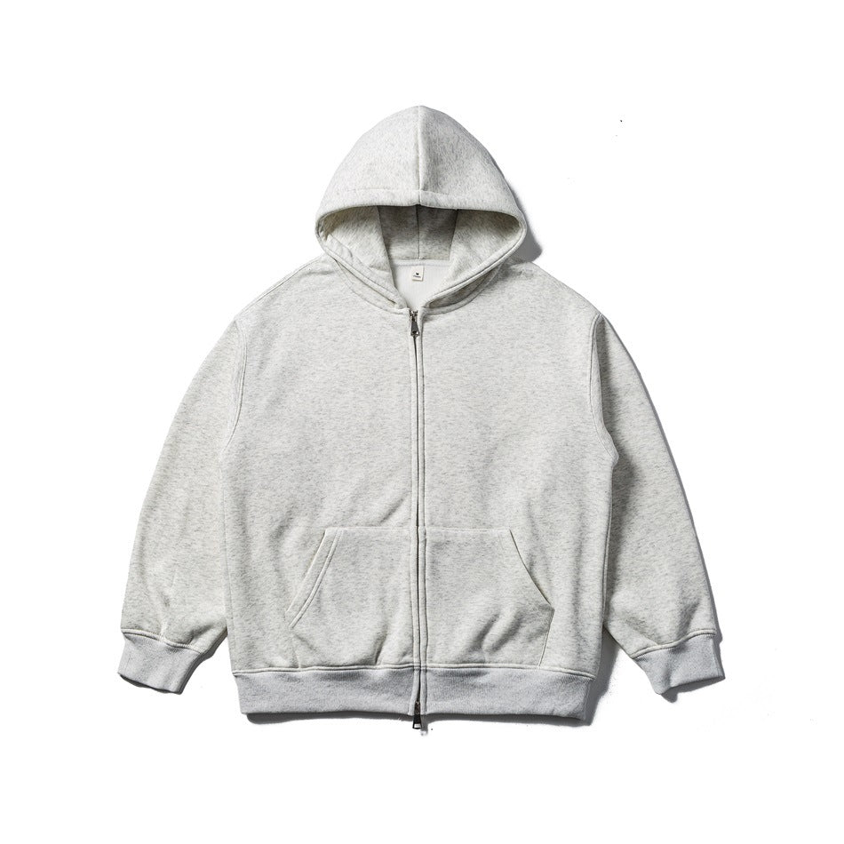Heather white-gray zip-up hoodie jacket laid flat, with two-way zip, front pocket and ribbed cuffs and hem