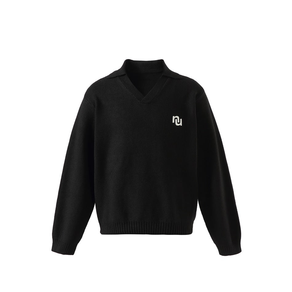Black ribbed knit V-neck pullover sweater with folded collar and small white chest logo, front view on white background