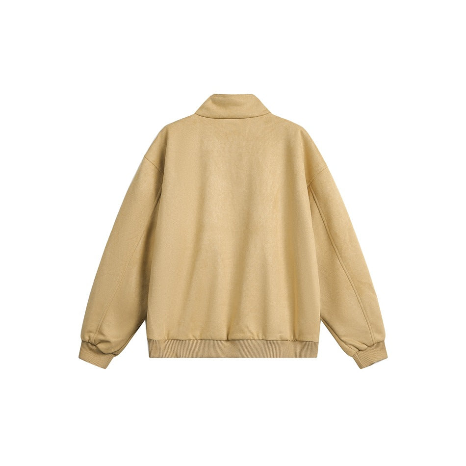 Back view of a tan jacket with a stand collar, long sleeves, and ribbed cuffs and hem.