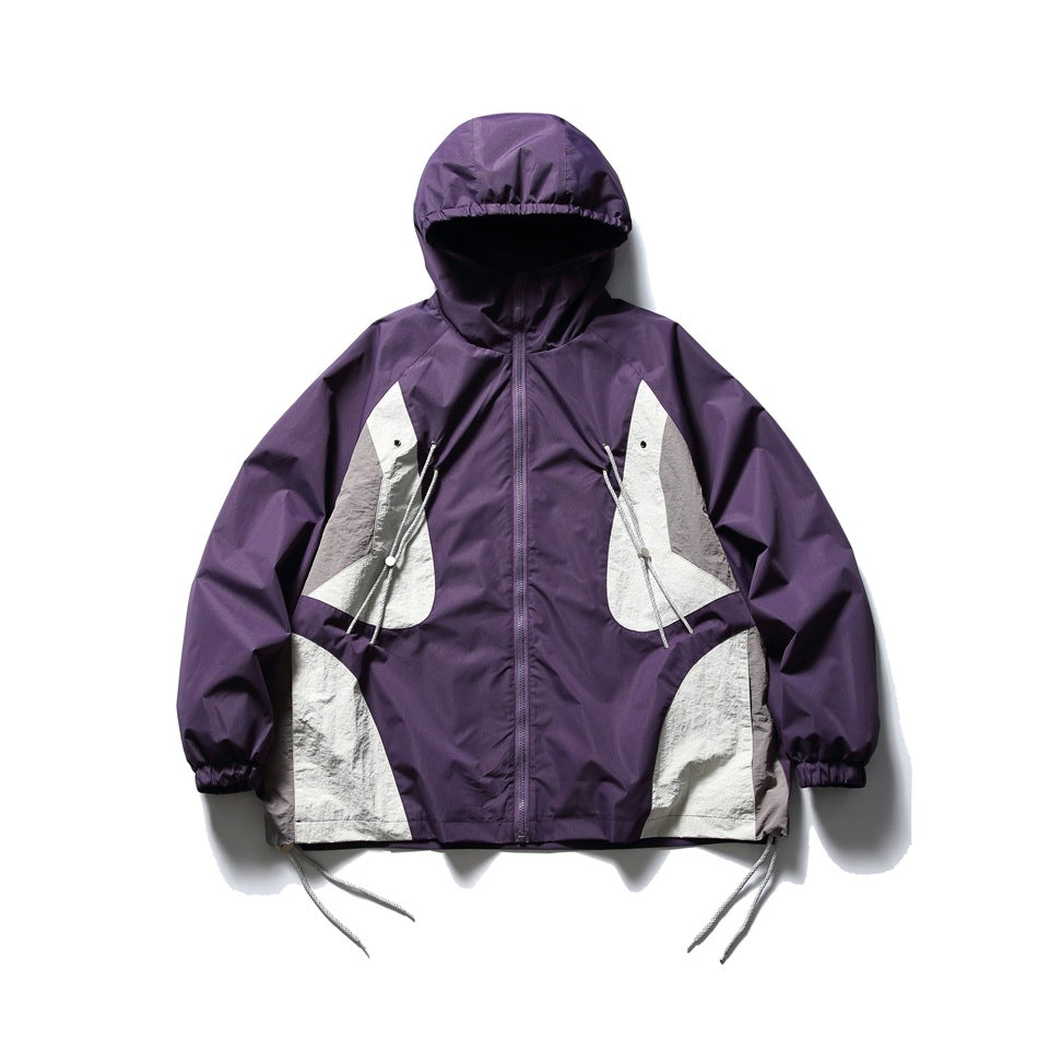 Purple hooded zip jacket with light gray and taupe color-block panels and drawcords, front view on white