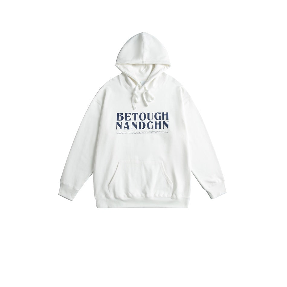 White pullover hoodie flat lay with navy 'BETOUGH NANDCHN' chest print, front pocket and ribbed cuffs