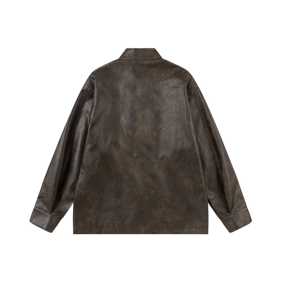 Back view of a dark brown jacket laid flat, showing its stand collar, long sleeves and plain back.