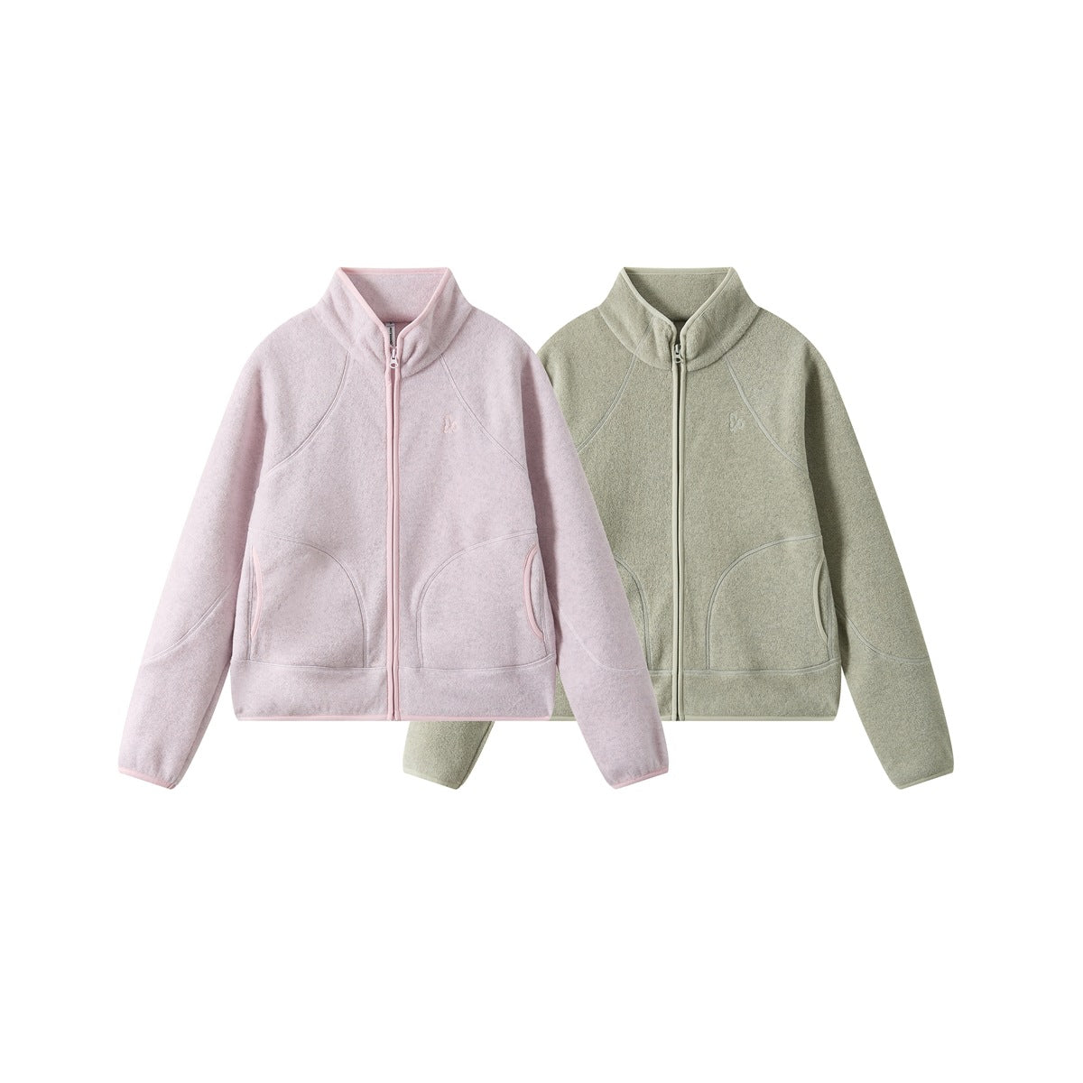 Front view of two zip-front jackets with stand collars and curved pockets, in pale pink and light sage green.