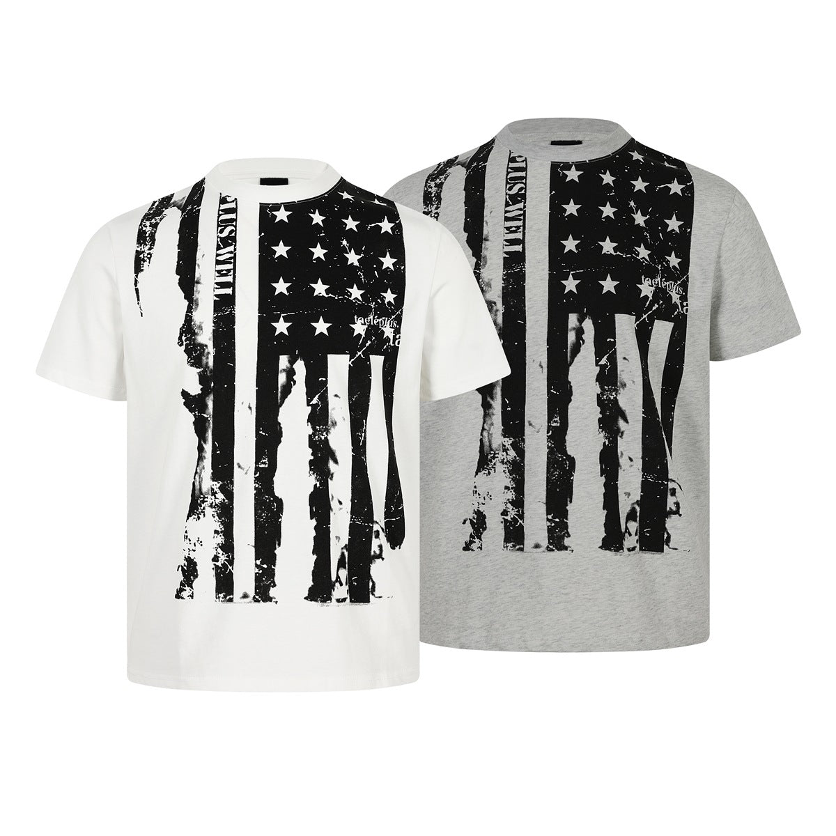 White and heather gray crew-neck T-shirts shown from the front, each with a large black-and-white star and stripe graphic.