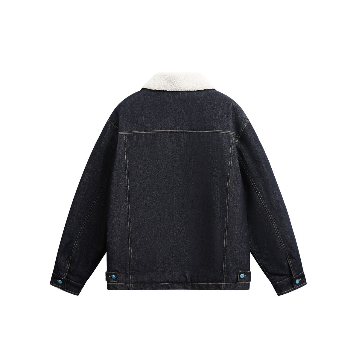Back view of a dark indigo denim jacket with a cream sherpa collar and adjustable button tabs at the hem.