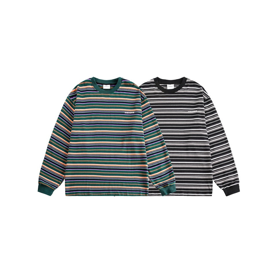 Two long-sleeve striped crewneck shirts shown side by side: one green with multicolored stripes and one black and white.