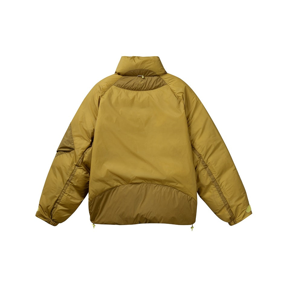 Back view of a mustard puffer jacket with a high collar, curved paneling, and adjustable hem.