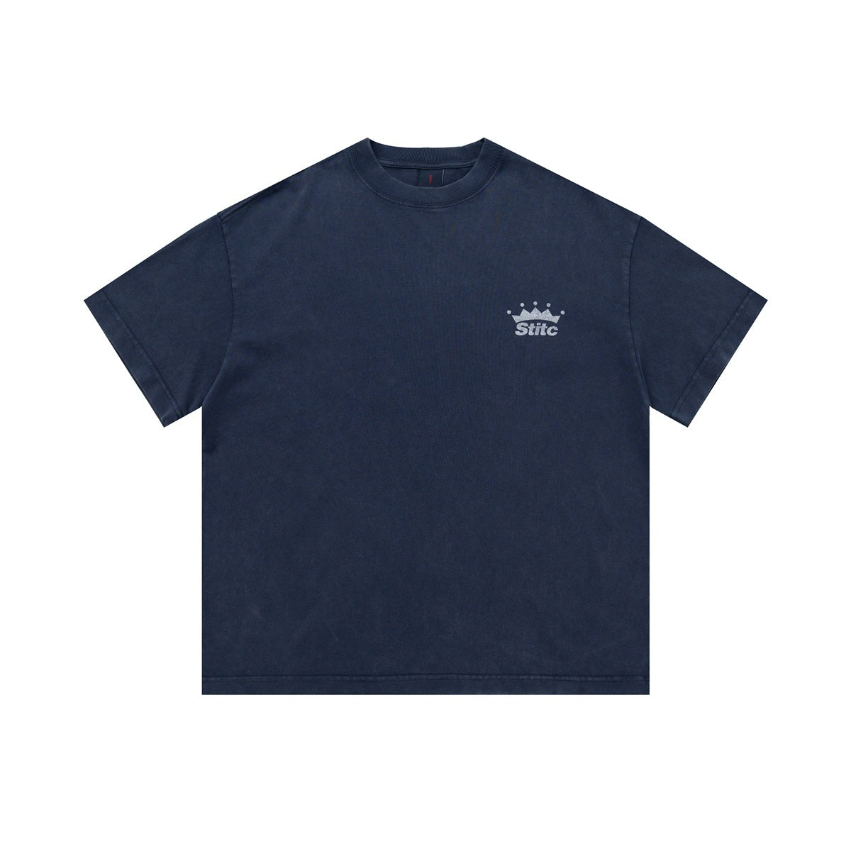 Dark navy crew-neck T-shirt laid flat, with a small silver crown wordmark on the chest.