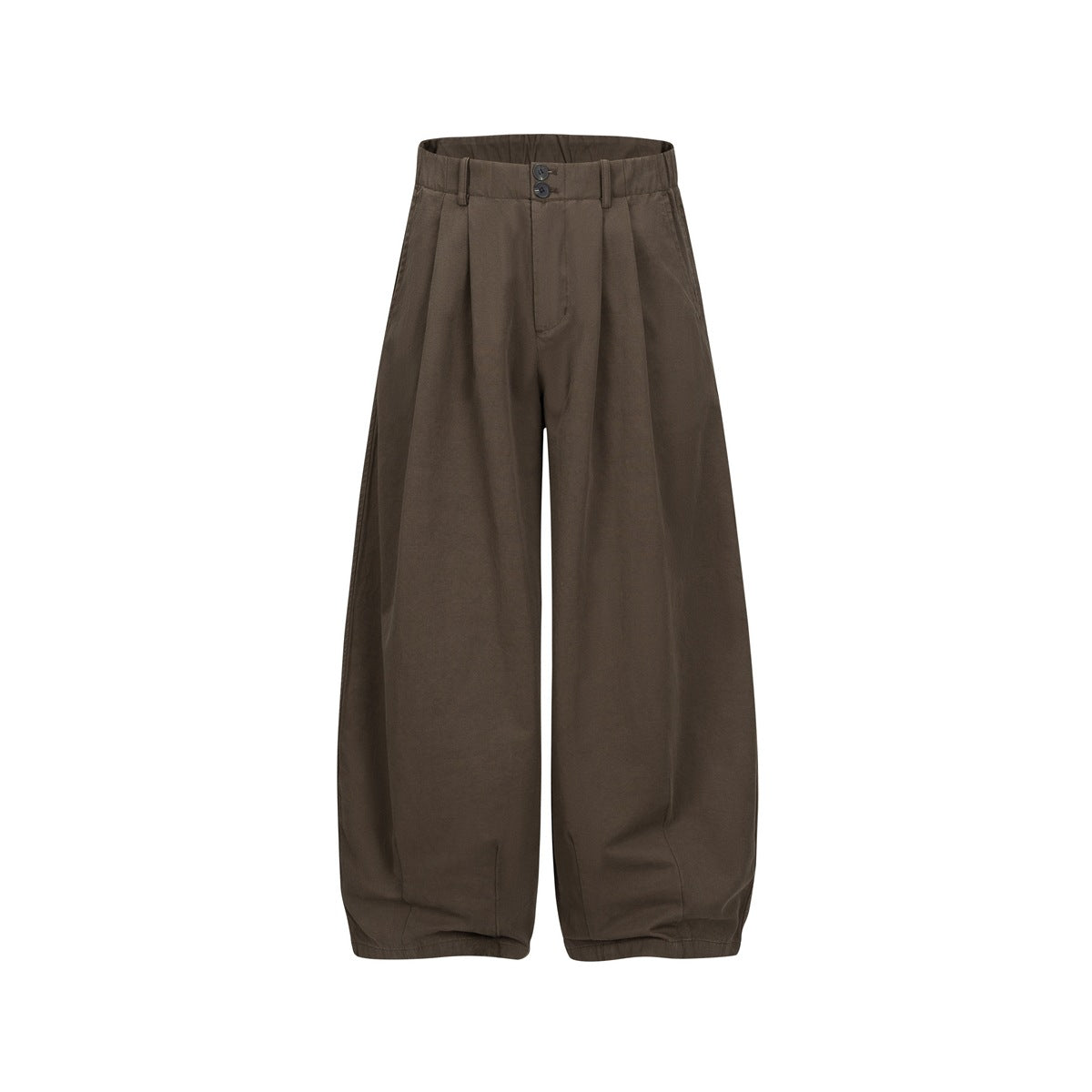 Brown pleated wide-leg trousers with a two-button waistband, flat lay front view