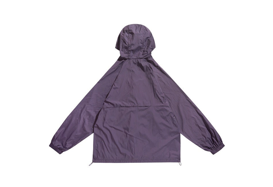 Muted purple hooded jacket shown from the back, with elastic cuffs and adjustable hem.