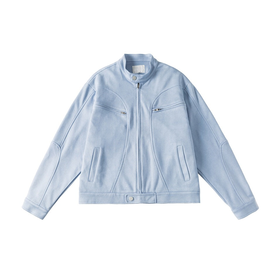Light blue suede-look stand-collar zip jacket with curved seams and zippered chest pockets, flat lay front view